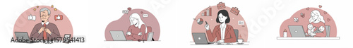 Illustration of four professional work environments with people working at desks and contextual icons