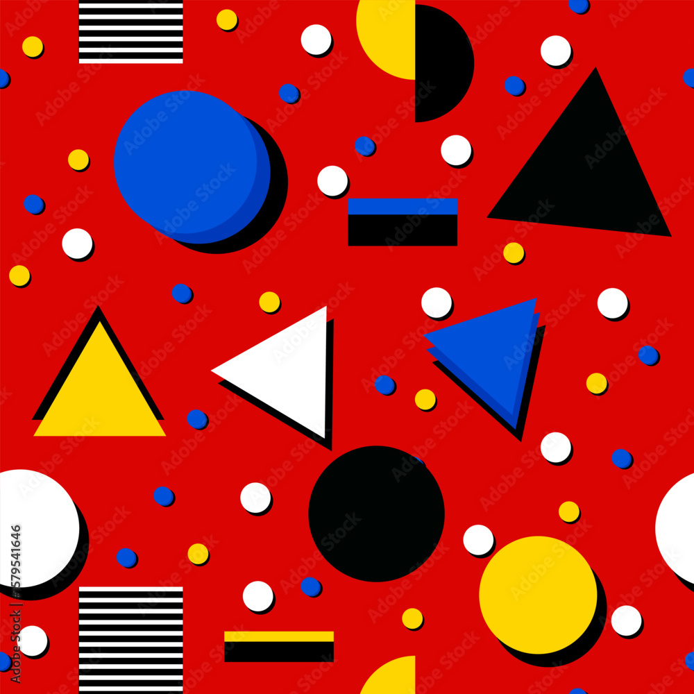 Obraz premium seamless retro 80s 90s groovy pattern, bold geometric shapes, red, blue, yellow, black and white vibrant flat vector style, Memphis design inspiration, dynamic abstract