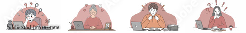 Illustration of four women in different emotional states at their workspaces