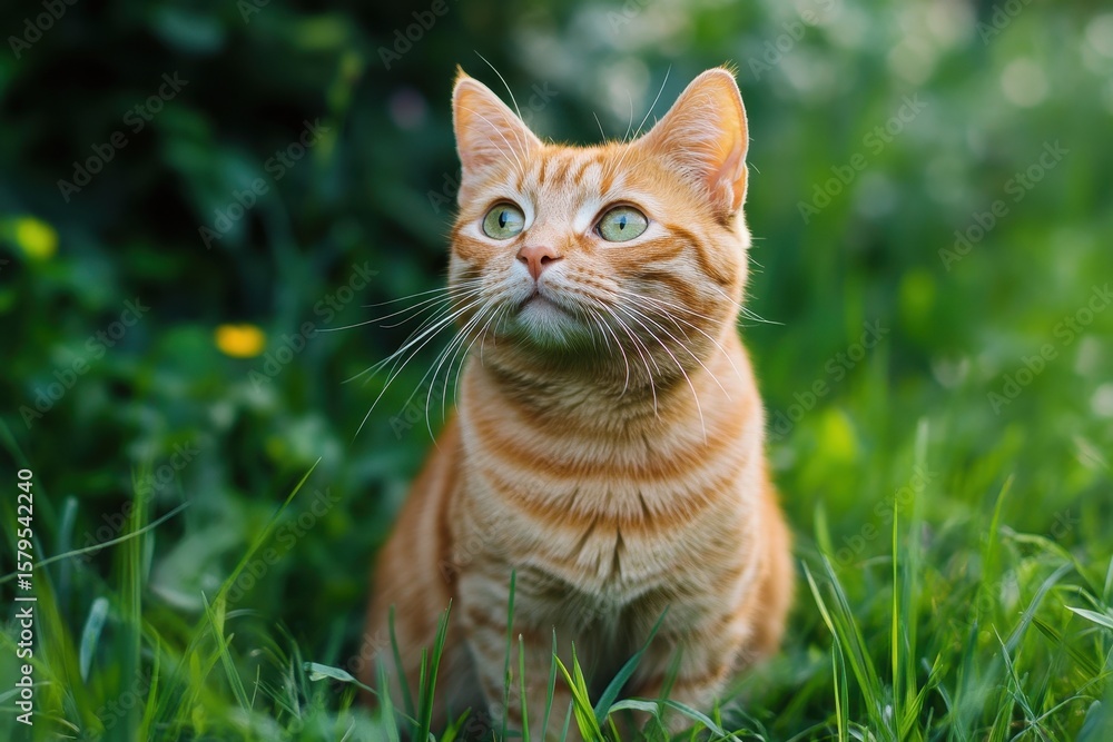 Orange feline on grassy backdrop Orange feline on grassy backdrop