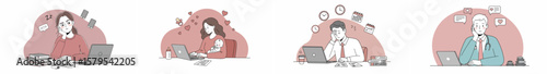 Four-panel illustration of people working at desks with laptops, showing modern work-life dynamics