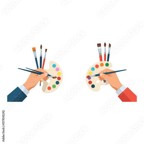 Hands Holding Artist Palettes with Brushes and Paints