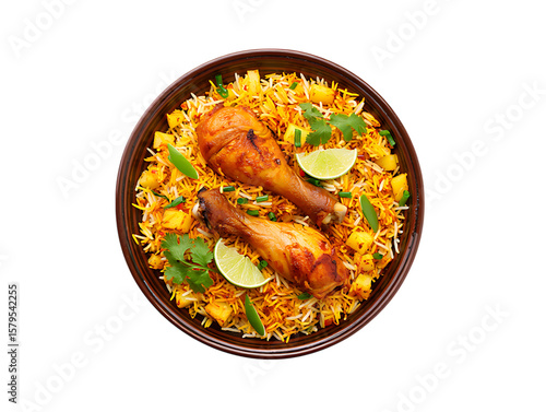 Delicious chicken biryani with garnish isolated on transparent background