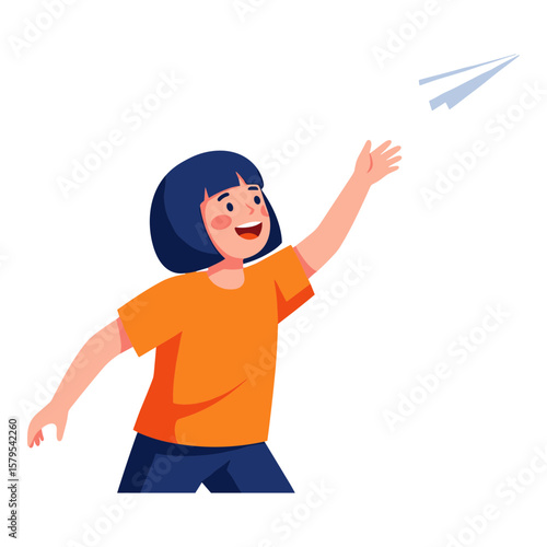 Smiling Girl Launching Paper Airplane with Joyful Expression