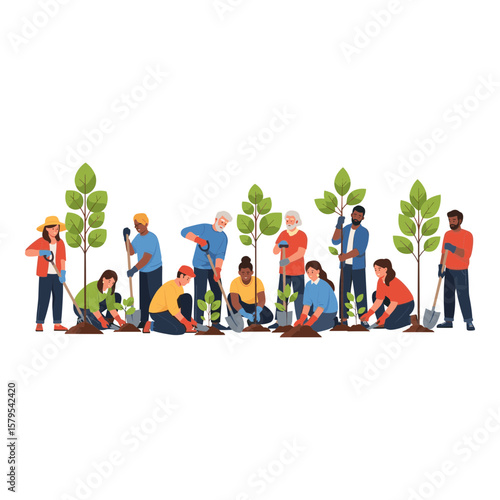 Diverse Group of People Planting Trees for Environmental Volunteering