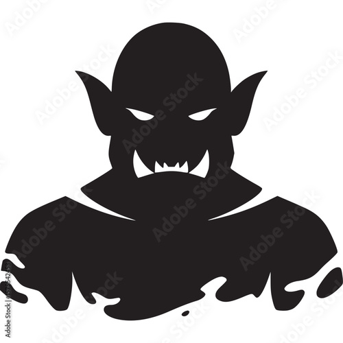 A black silhouette of an orc with sharp teeth and pointed ears on a white background illustration on transparent background