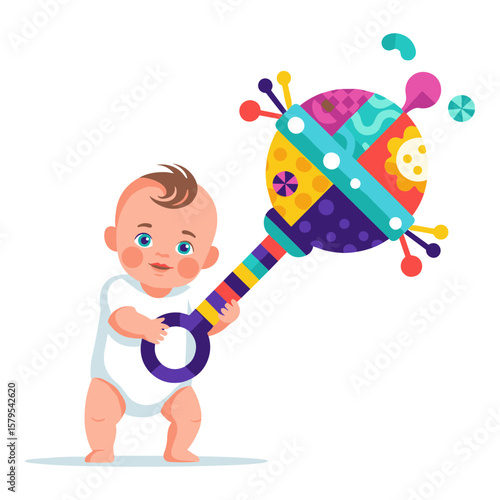 Adorable Baby Playing with a Colorful Modern Rattle Toy Illustration