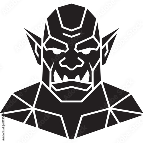 A geometric black and white illustration of an orc with sharp features and pointed ears on white on transparent background