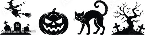 Collection of halloween symbols including witch cat pumpkin and graveyard silhouette