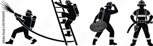 Four firefighters in action with hose ladder and equipment silhouette