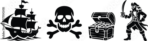 Pirate icons including ship skull and crossbones treasure chest and pirate silhouette