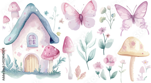 Watercolor Fairy House Border with Butterflies Mushrooms and Flowers on White