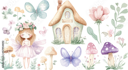 Watercolor Fairy Tale Border with Fairy House Butterflies Flowers and Mushrooms