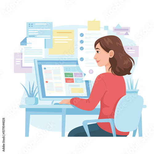 Woman Working on Computer with Documents and Tasks
