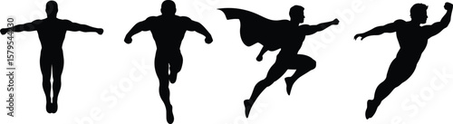 Four dynamic superhero poses in a clean black silhouette style