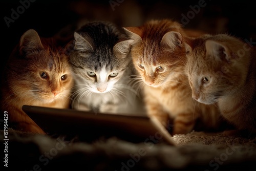 Cats' cozy gathering: shared tablet experience in living room. Sleepy scene. Feline fun: cats snap selfies when left alone, captured in 10 amusing pics. Feline photos. Magic moments.