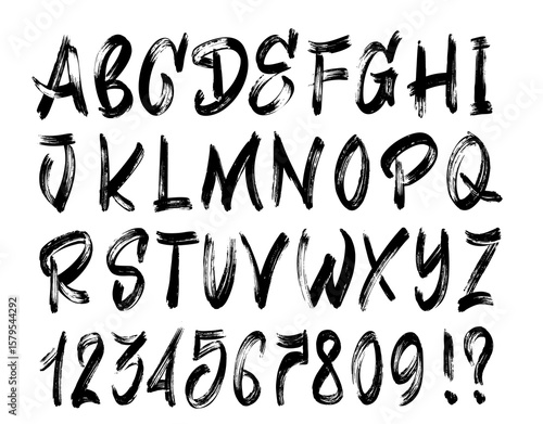 Grunge stencil graffiti font. Distressed bold brush capital letters, numbers with ink texture. Punk inspired vector retro alphabet. Dirty, bold, rebellious vector typeface for street style design.