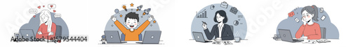 Four-panel illustration of diverse work environments with professionals using laptops and icons