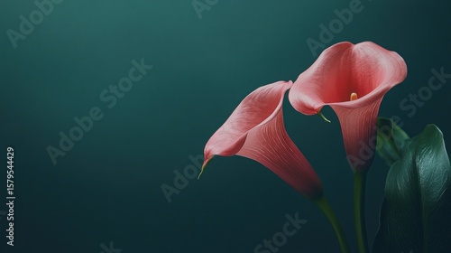 Two delicate, light pink calla lilies against a deep teal backdrop