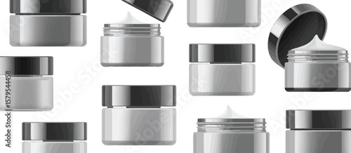Collection of various cosmetic cream jars with open and closed lids