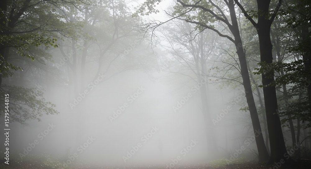 Obraz premium Ethereal Forest Path: Misty Woodland Scene with Towering Trees