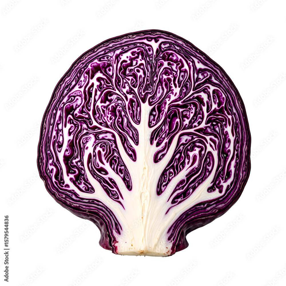 Obraz premium Vibrant red cabbage slices displaying detailed purple and white layers perfect for food and health related concepts