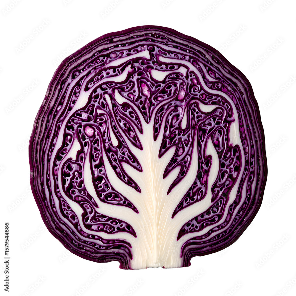 Obraz premium Vibrant red cabbage slices displaying detailed purple and white layers perfect for food and health related concepts