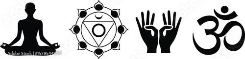 Yoga meditation om symbol and chakra diagram silhouette icons