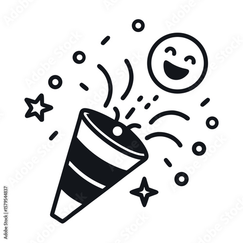 Party Popper Icon – Minimalist Line Art Vector of a Party Popper Exploding with Confetti for Celebration, Festive Events, Emojis, Birthday Graphics, and Holiday Illustrations