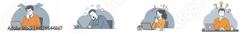 Four-panel illustration of individuals working at desks with laptops, showing progression from confusion to realization