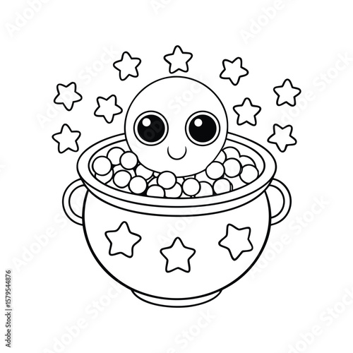 A baby Halloween ghost peeking into cauldron with stars and eyeballs kids coloring book Vector illustration