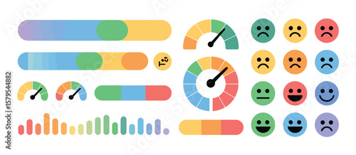 Collection of colorful gauges sliders and smiley face icons representing feedback and performance