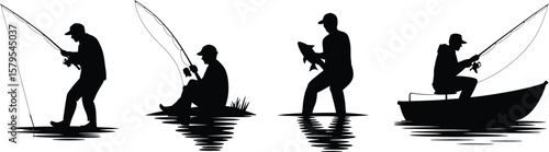 Four different fishing scenes in a clean black and white silhouette style