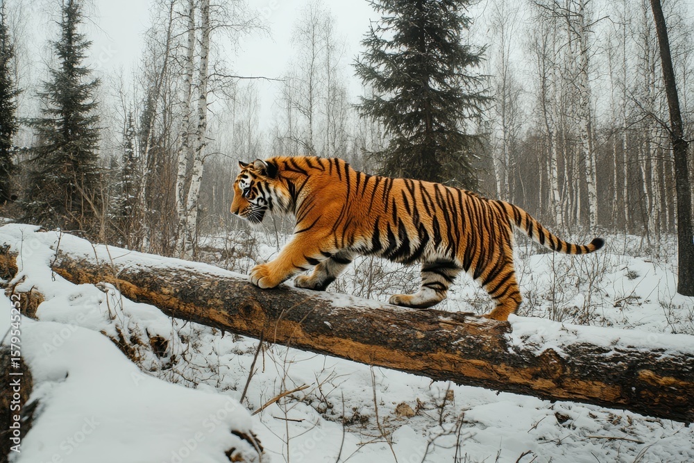 Obraz premium Siberian tiger traversing a downed tree in the taiga a perilous jungle habitat Panthera