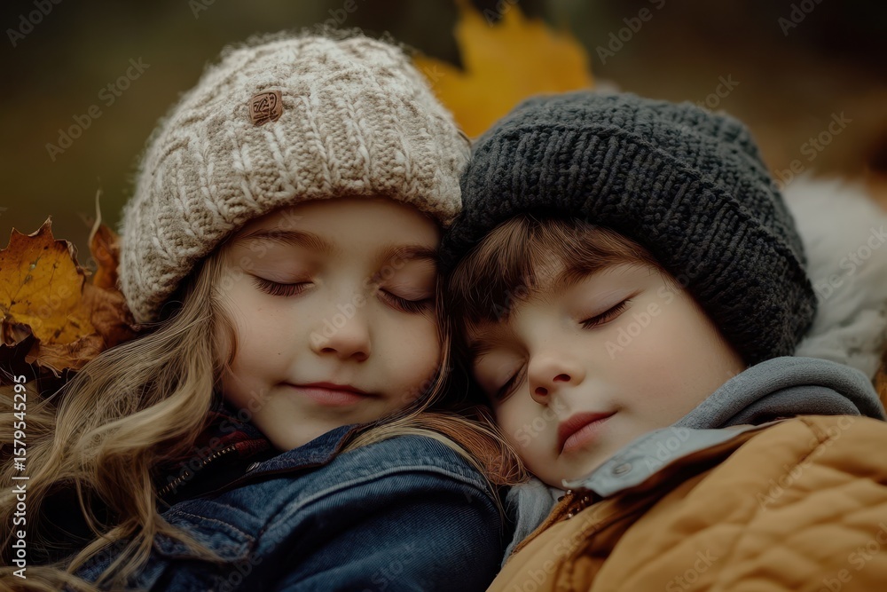 Obraz premium Siblings enjoy a cozy hug in a fall park Kids play outside relaxing together with family
