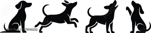 Four black dog silhouettes in different poses showing playful and alert behavior silhouette