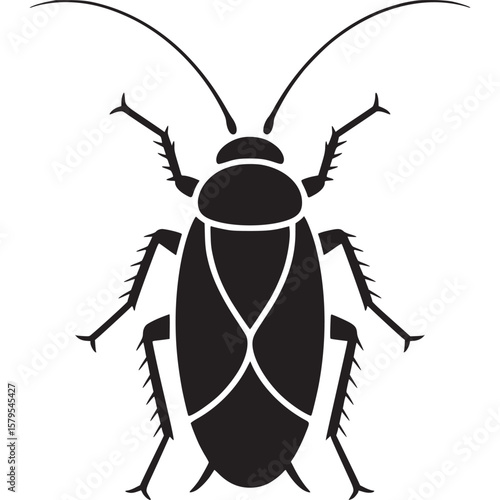A black silhouette of a cockroach with long antennae and six legs on a white background vector art on transparent background