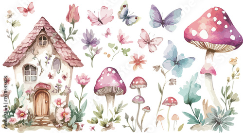 Watercolor Illustration of a Fairy House with Mushrooms and Butterflies on White
