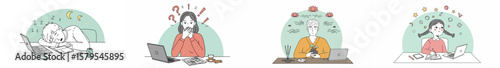 Four-panel illustration of a woman navigating work-related scenarios with light green arches