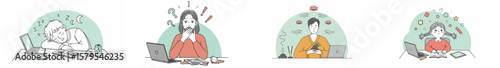Illustration of four people working or contemplating in semi-circular arches with pastel colors