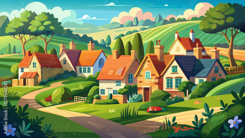 Charming English Countryside Village With Stone Cottages and Flower Gardens. An English countryside village, surrounded by lush flower gardens and rolling green  Very beautiful