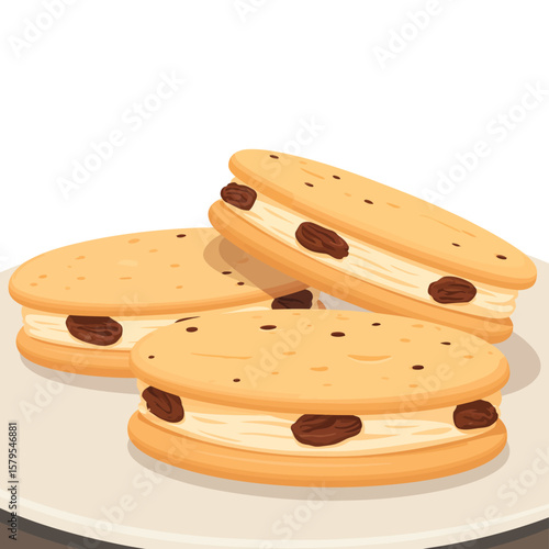 Three delicious oval shaped raisin cookies filled with cream on a plate