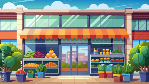 Modern grocery store exterior displaying fresh produce in baskets, with large front windows revealing shelves stocked with food. Contemporary urban setting promoting healthy, organic products.