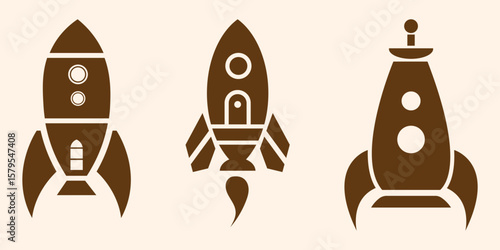 Set of rocket vector icons. Launch spaceship or spacecraft. Rocket fast flying for space. New business start up.