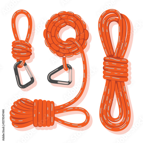 Collection of orange climbing ropes and carabiners on a white background