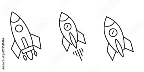 Rocket icon set. Business start up symbol. Rocket launching sign. Vector in flat and outline design style. Vector stock illustration.