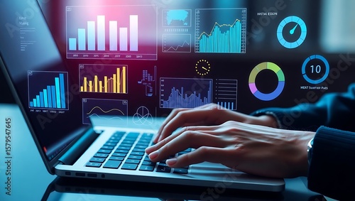 Person using laptop displaying multiple financial data charts and graphs