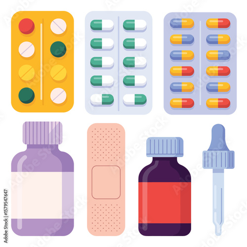 Assorted First Aid and Medication Items Flat Design