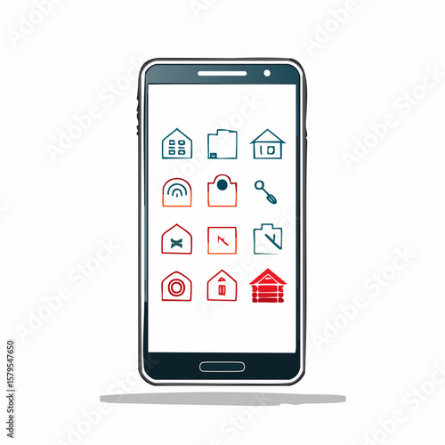 Smartphone displaying a grid of house-themed app icons in red and blue against a white background.
