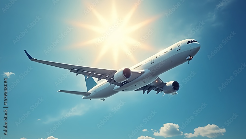 Obraz premium airplane flying in the sky with sun shines behind the plane